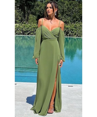 Cold Shoulder Long Sleeve Bridesmaid Dresses with Slit for Wedding Ruched Chiffon Formal Evening Gown Taupe $26.00 Dresses