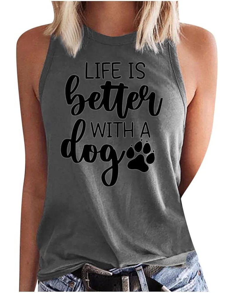 Life is Better with a Dog, Womens Tank Tops Funny Graphic Tshirt Women Sleeveless Round Neck Camis Basic Shirts Blouse Dark G...