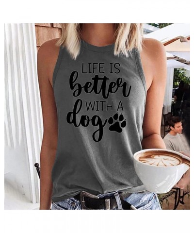 Life is Better with a Dog, Womens Tank Tops Funny Graphic Tshirt Women Sleeveless Round Neck Camis Basic Shirts Blouse Dark G...