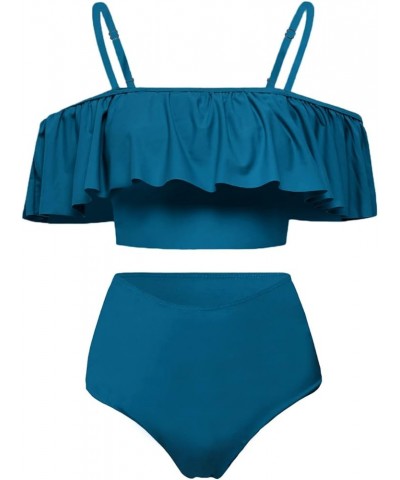 High Waisted Flounce Bikini Set,Tummy Control Swimsuits for Women,Off Shoulder Peacock Blue $22.19 Swimsuits