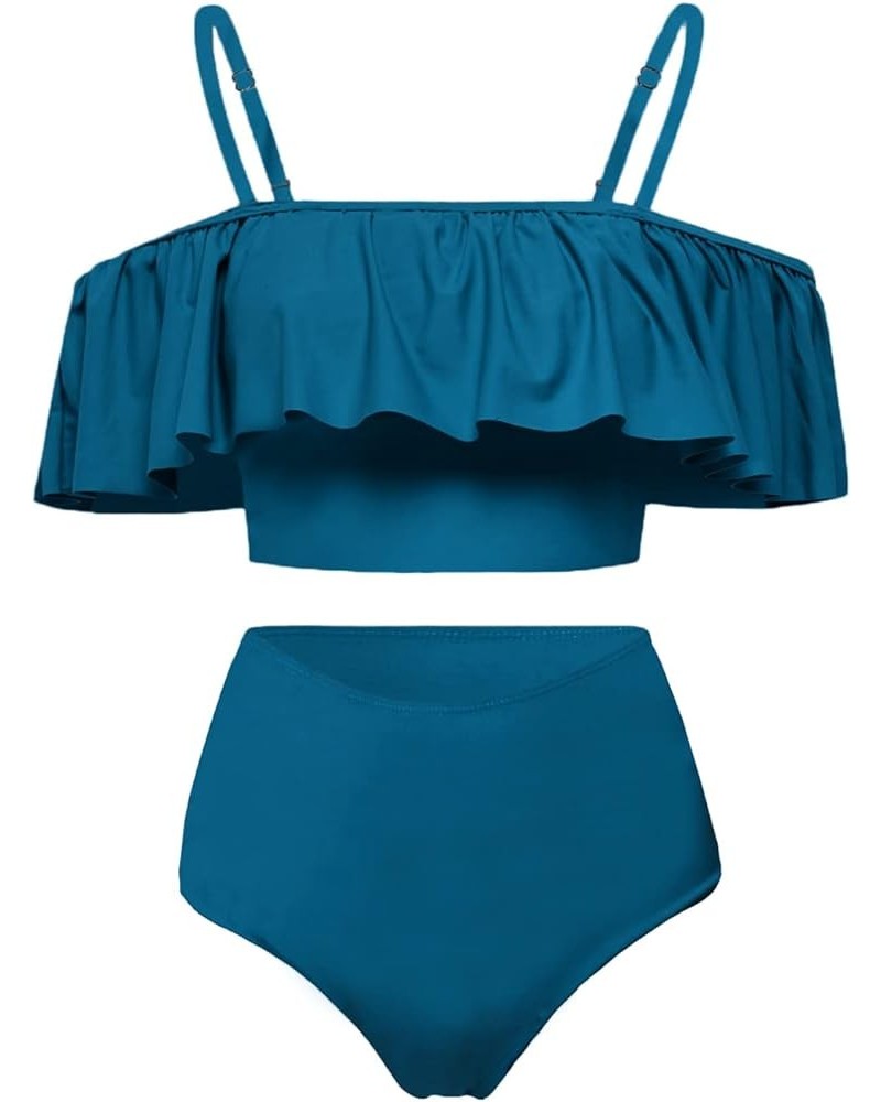 High Waisted Flounce Bikini Set,Tummy Control Swimsuits for Women,Off Shoulder Peacock Blue $22.19 Swimsuits