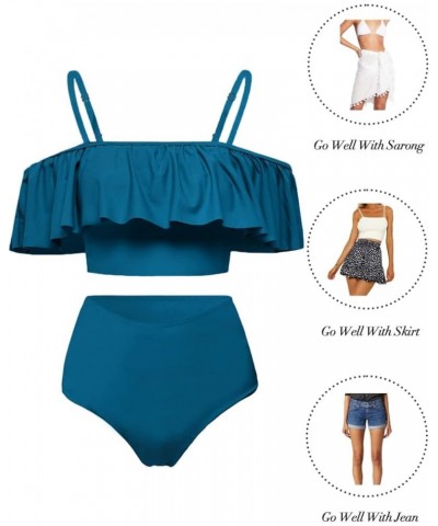 High Waisted Flounce Bikini Set,Tummy Control Swimsuits for Women,Off Shoulder Peacock Blue $22.19 Swimsuits