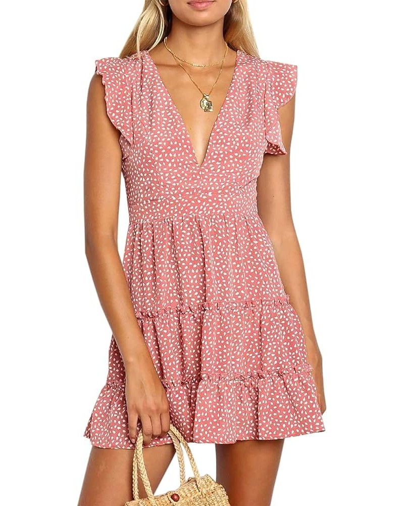 Women Floral Mini Dress Sexy V Neck Ruffle Flutter Sleeve Polka Dot Summer Dresses B-pink $16.82 Dresses