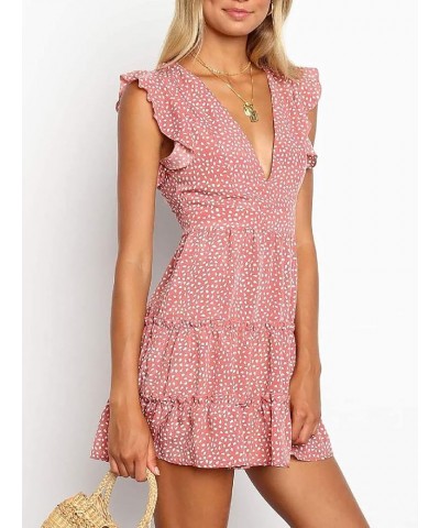 Women Floral Mini Dress Sexy V Neck Ruffle Flutter Sleeve Polka Dot Summer Dresses B-pink $16.82 Dresses