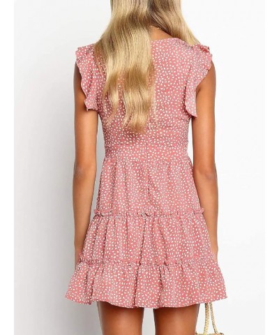 Women Floral Mini Dress Sexy V Neck Ruffle Flutter Sleeve Polka Dot Summer Dresses B-pink $16.82 Dresses