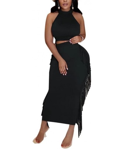 Two Piece Club Outfit for Women Long Sleeve Crop Top Blouse Fringe Bodycon Pencil Skirt Maxi Dress Halter Black $20.90 Others