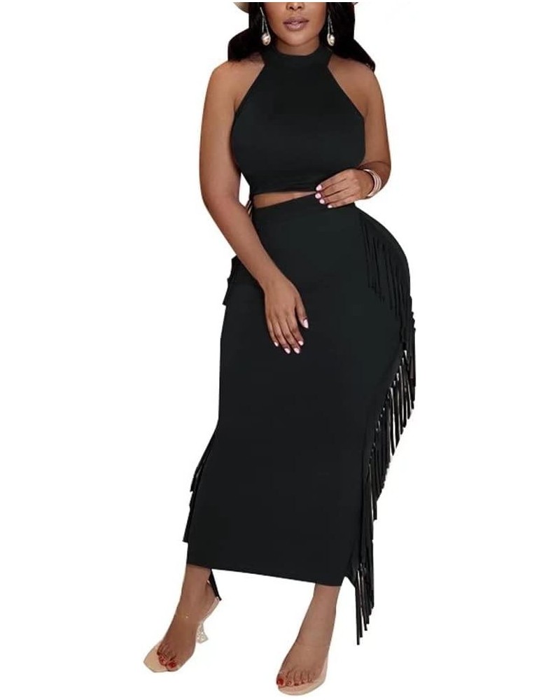 Two Piece Club Outfit for Women Long Sleeve Crop Top Blouse Fringe Bodycon Pencil Skirt Maxi Dress Halter Black $20.90 Others