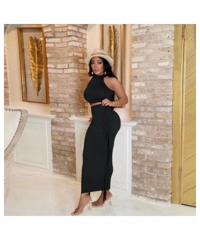 Two Piece Club Outfit for Women Long Sleeve Crop Top Blouse Fringe Bodycon Pencil Skirt Maxi Dress Halter Black $20.90 Others