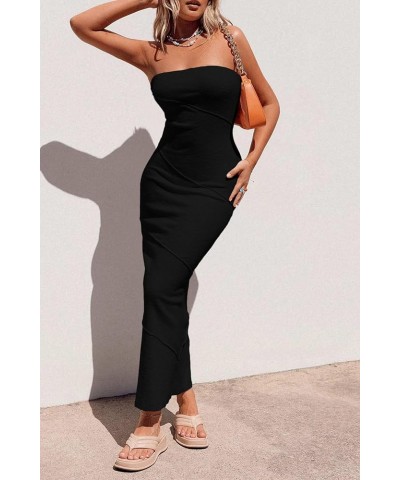 Women's Ribbed Maxi Bodycon Dress Summer Strapless Tube Y2K Party Club Long Dresses Black $22.50 Dresses