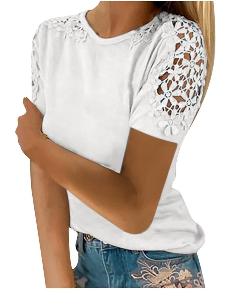 Women Lace Trim Spring Blouse Tops Sexy Casual Short Sleeve Tunic Shirts Cute Dressy Boho Trendy Ladies Clothes 2023 White 13...