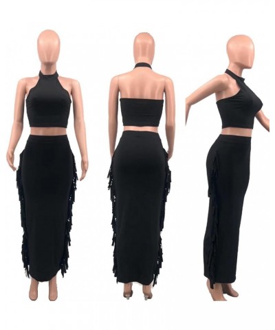 Two Piece Club Outfit for Women Long Sleeve Crop Top Blouse Fringe Bodycon Pencil Skirt Maxi Dress Halter Black $20.90 Others