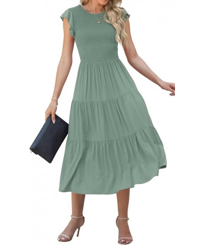 Women's Summer Dresses Casual Puffy Short Sleeve Round Neck Smocked Waist Tiered Midi Dress Wedding Guest Dresses Green $26.9...