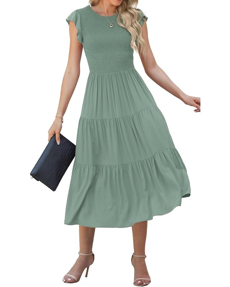 Women's Summer Dresses Casual Puffy Short Sleeve Round Neck Smocked Waist Tiered Midi Dress Wedding Guest Dresses Green $26.9...