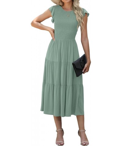 Women's Summer Dresses Casual Puffy Short Sleeve Round Neck Smocked Waist Tiered Midi Dress Wedding Guest Dresses Green $26.9...