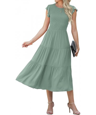 Women's Summer Dresses Casual Puffy Short Sleeve Round Neck Smocked Waist Tiered Midi Dress Wedding Guest Dresses Green $26.9...