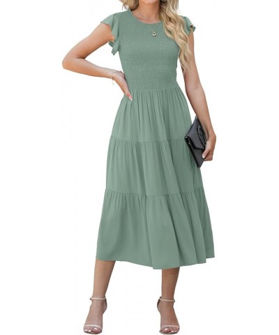 Women's Summer Dresses Casual Puffy Short Sleeve Round Neck Smocked Waist Tiered Midi Dress Wedding Guest Dresses Green $26.9...