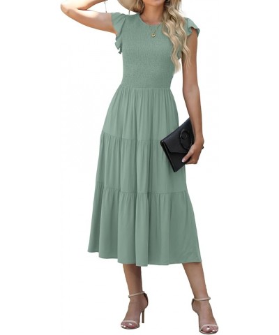 Women's Summer Dresses Casual Puffy Short Sleeve Round Neck Smocked Waist Tiered Midi Dress Wedding Guest Dresses Green $26.9...