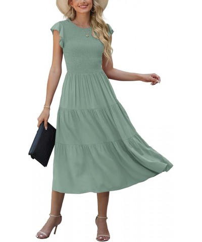 Women's Summer Dresses Casual Puffy Short Sleeve Round Neck Smocked Waist Tiered Midi Dress Wedding Guest Dresses Green $26.9...