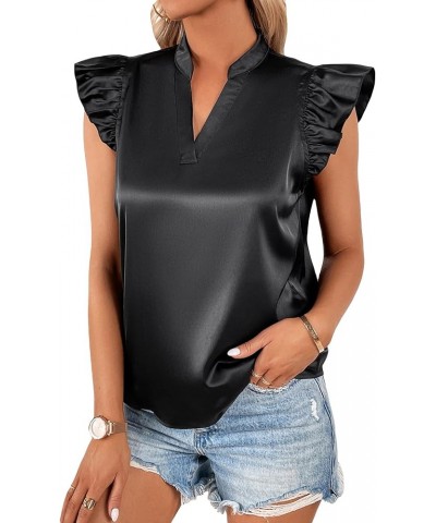 Women's Striped Ruffle Cap Sleeve Notched V Neck Blouse Top Shirt Pure Black Satin $14.24 Blouses