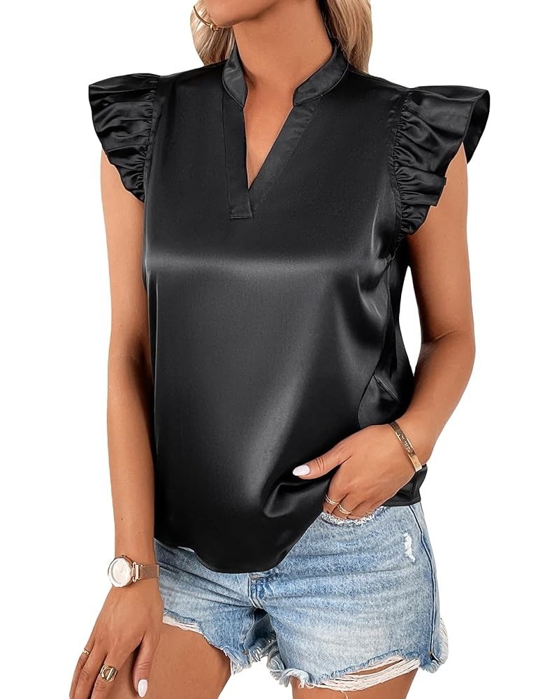 Women's Striped Ruffle Cap Sleeve Notched V Neck Blouse Top Shirt Pure Black Satin $14.24 Blouses