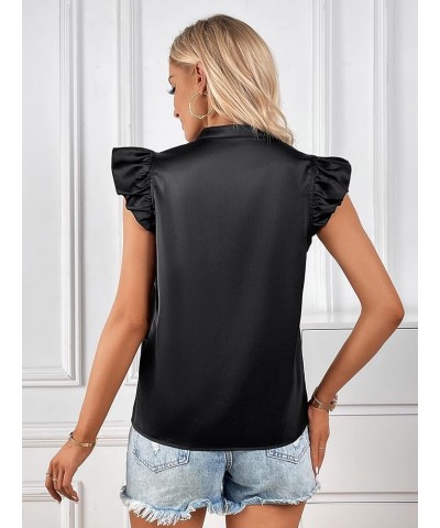 Women's Striped Ruffle Cap Sleeve Notched V Neck Blouse Top Shirt Pure Black Satin $14.24 Blouses