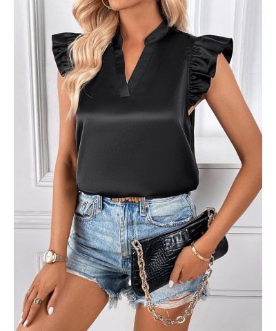 Women's Striped Ruffle Cap Sleeve Notched V Neck Blouse Top Shirt Pure Black Satin $14.24 Blouses