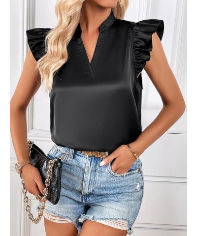 Women's Striped Ruffle Cap Sleeve Notched V Neck Blouse Top Shirt Pure Black Satin $14.24 Blouses