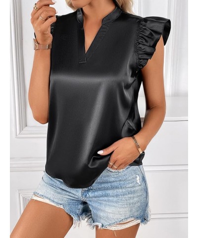 Women's Striped Ruffle Cap Sleeve Notched V Neck Blouse Top Shirt Pure Black Satin $14.24 Blouses