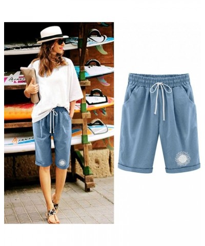 Bermuda Shorts for Women Summer Casual Graphic Print Drawstring Shorts Elastic Waisted Cotton Linen Lounge Shorts Blue 8 $8.8...