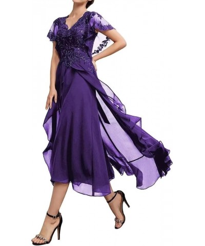 Tea Length Mother of The Bride Dresses for Wedding Ruffle Sleeves Formal Dresss Lace Wedding Dress Purple $36.00 Dresses