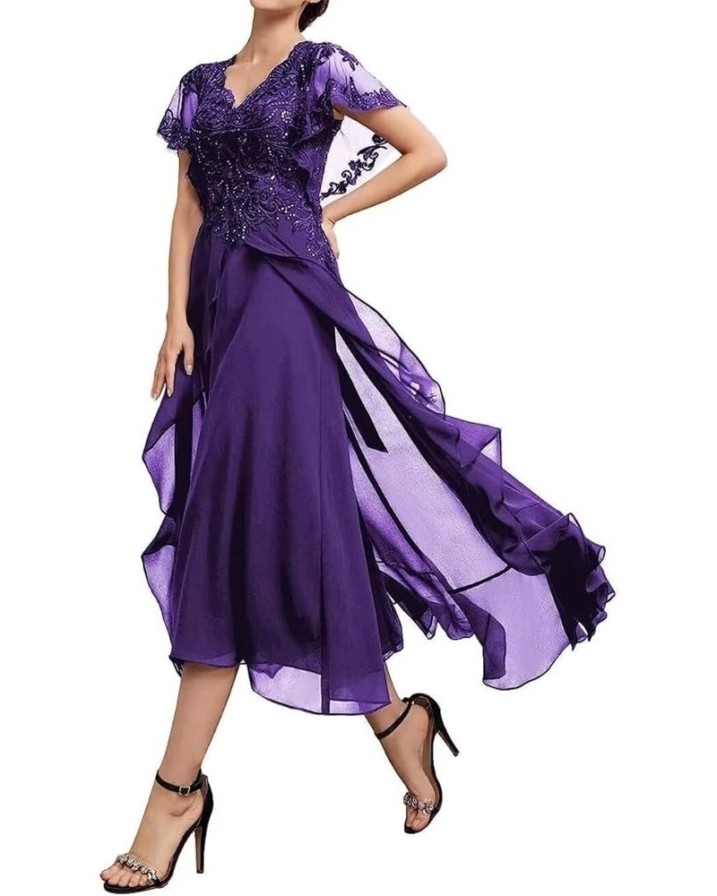 Tea Length Mother of The Bride Dresses for Wedding Ruffle Sleeves Formal Dresss Lace Wedding Dress Purple $36.00 Dresses