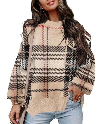 Women’s Fall Sweaters 2024 Long Sleeve Crew Neck Knitted Tops Casual Striped Oversized Pullover Sweater Tops Plaid Brown2 $24...