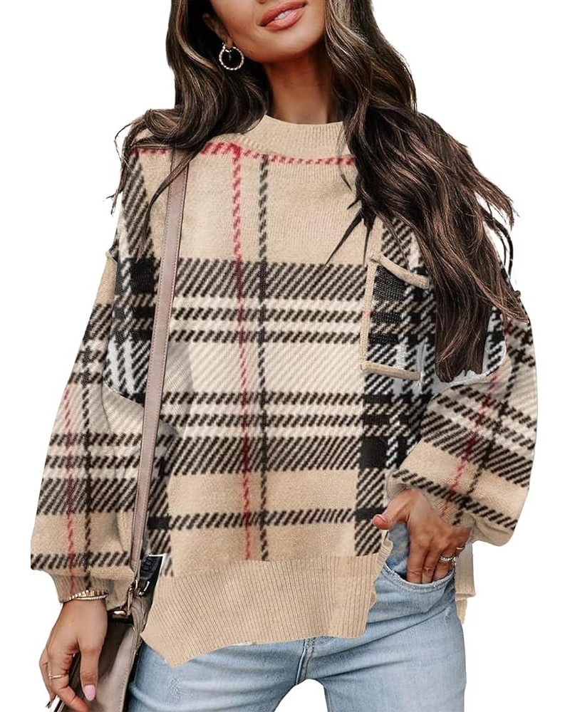 Women’s Fall Sweaters 2024 Long Sleeve Crew Neck Knitted Tops Casual Striped Oversized Pullover Sweater Tops Plaid Brown2 $24...