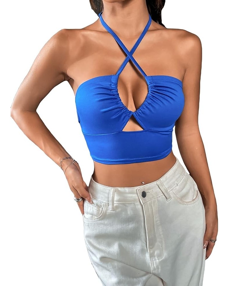 Women's Sexy Cut Out Criss Cross Sleeveless Crop Tops Backless Tie Back Halter Top Blue $11.48 Tanks