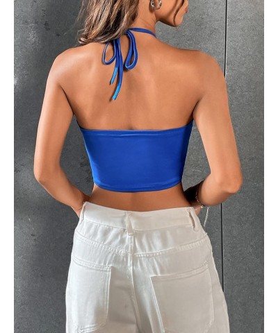 Women's Sexy Cut Out Criss Cross Sleeveless Crop Tops Backless Tie Back Halter Top Blue $11.48 Tanks