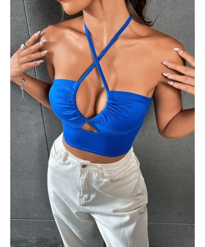 Women's Sexy Cut Out Criss Cross Sleeveless Crop Tops Backless Tie Back Halter Top Blue $11.48 Tanks