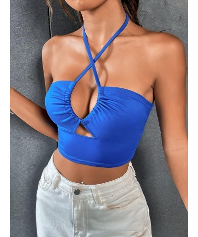 Women's Sexy Cut Out Criss Cross Sleeveless Crop Tops Backless Tie Back Halter Top Blue $11.48 Tanks