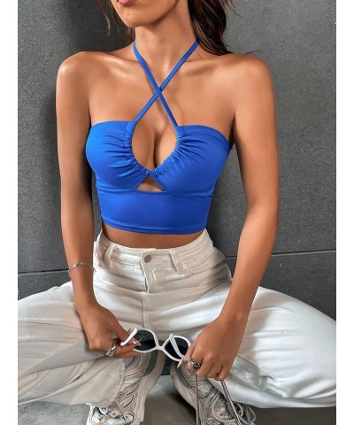 Women's Sexy Cut Out Criss Cross Sleeveless Crop Tops Backless Tie Back Halter Top Blue $11.48 Tanks