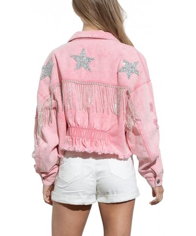 Women’s Rhinestone Fringe Jean Jacket Cropped Distressed Star Print Denim Jackets Coats Pink $25.19 Jackets