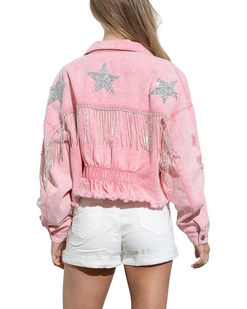 Women’s Rhinestone Fringe Jean Jacket Cropped Distressed Star Print Denim Jackets Coats Pink $25.19 Jackets