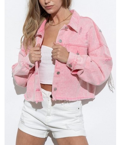 Women’s Rhinestone Fringe Jean Jacket Cropped Distressed Star Print Denim Jackets Coats Pink $25.19 Jackets