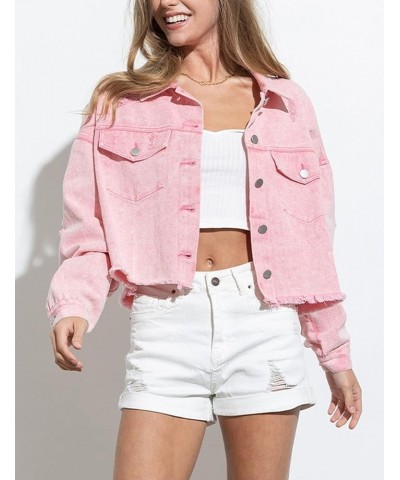 Women’s Rhinestone Fringe Jean Jacket Cropped Distressed Star Print Denim Jackets Coats Pink $25.19 Jackets