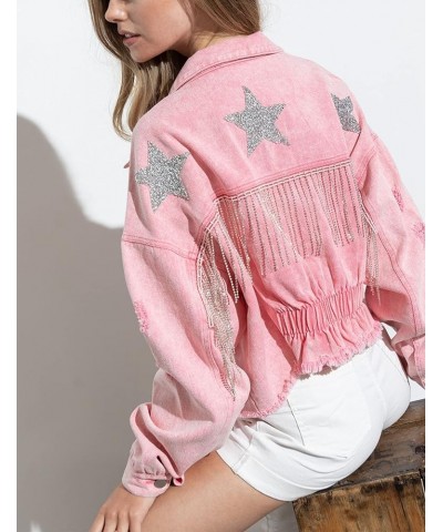 Women’s Rhinestone Fringe Jean Jacket Cropped Distressed Star Print Denim Jackets Coats Pink $25.19 Jackets