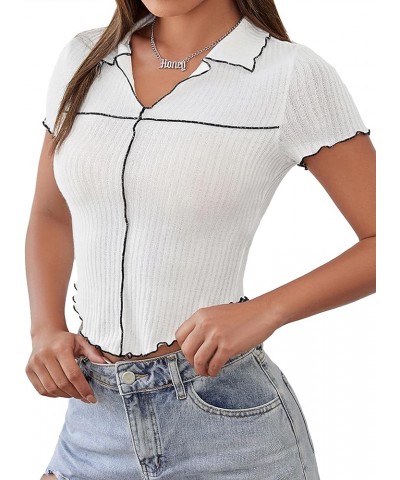 Women's Lapel V Neck Short Sleeve Tee Shirt Ribbed Knit Lettuce Trim Crop Tops White $12.00 Tops