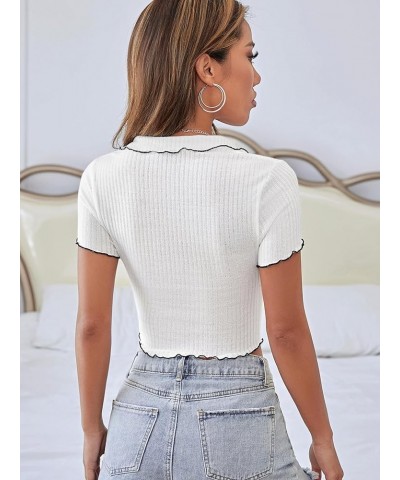 Women's Lapel V Neck Short Sleeve Tee Shirt Ribbed Knit Lettuce Trim Crop Tops White $12.00 Tops