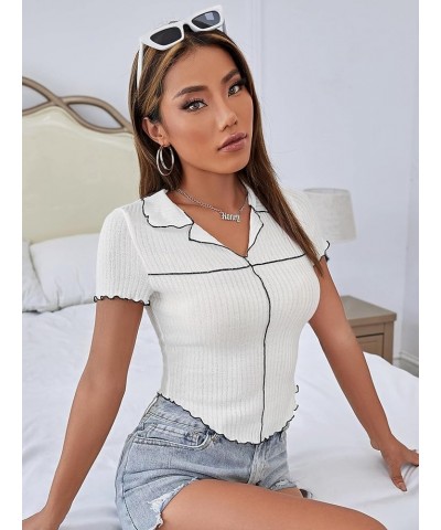 Women's Lapel V Neck Short Sleeve Tee Shirt Ribbed Knit Lettuce Trim Crop Tops White $12.00 Tops