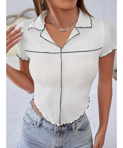 Women's Lapel V Neck Short Sleeve Tee Shirt Ribbed Knit Lettuce Trim Crop Tops White $12.00 Tops