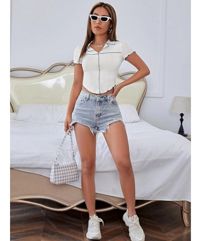 Women's Lapel V Neck Short Sleeve Tee Shirt Ribbed Knit Lettuce Trim Crop Tops White $12.00 Tops