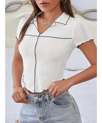 Women's Lapel V Neck Short Sleeve Tee Shirt Ribbed Knit Lettuce Trim Crop Tops White $12.00 Tops