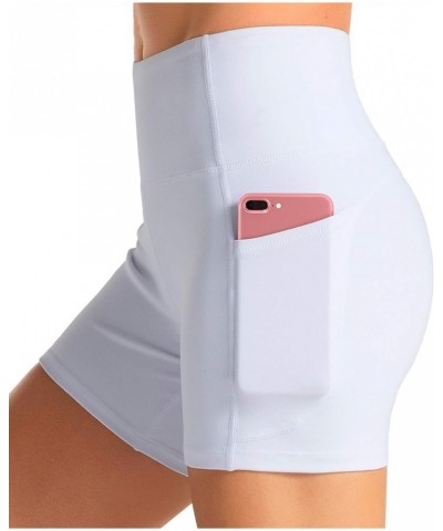 High Waist Yoga Shorts for Women with 2 Side Pockets Tummy Control Running Home Workout Shorts White $10.80 Activewear